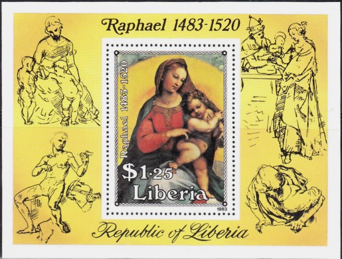 Liberia 1983 500th Anniversary of the Birth of Raphael, Paintings Souvenir Sheet Liberia 1983 500th Anniversary of the Birth of Raphael, Paintings Souvenir Sheet